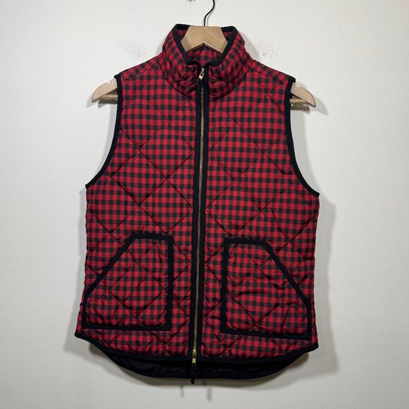 J. Crew Quilted Vest Women's Small Down filled Black Red Buffalo Check Preppy - Picture 1 of 5